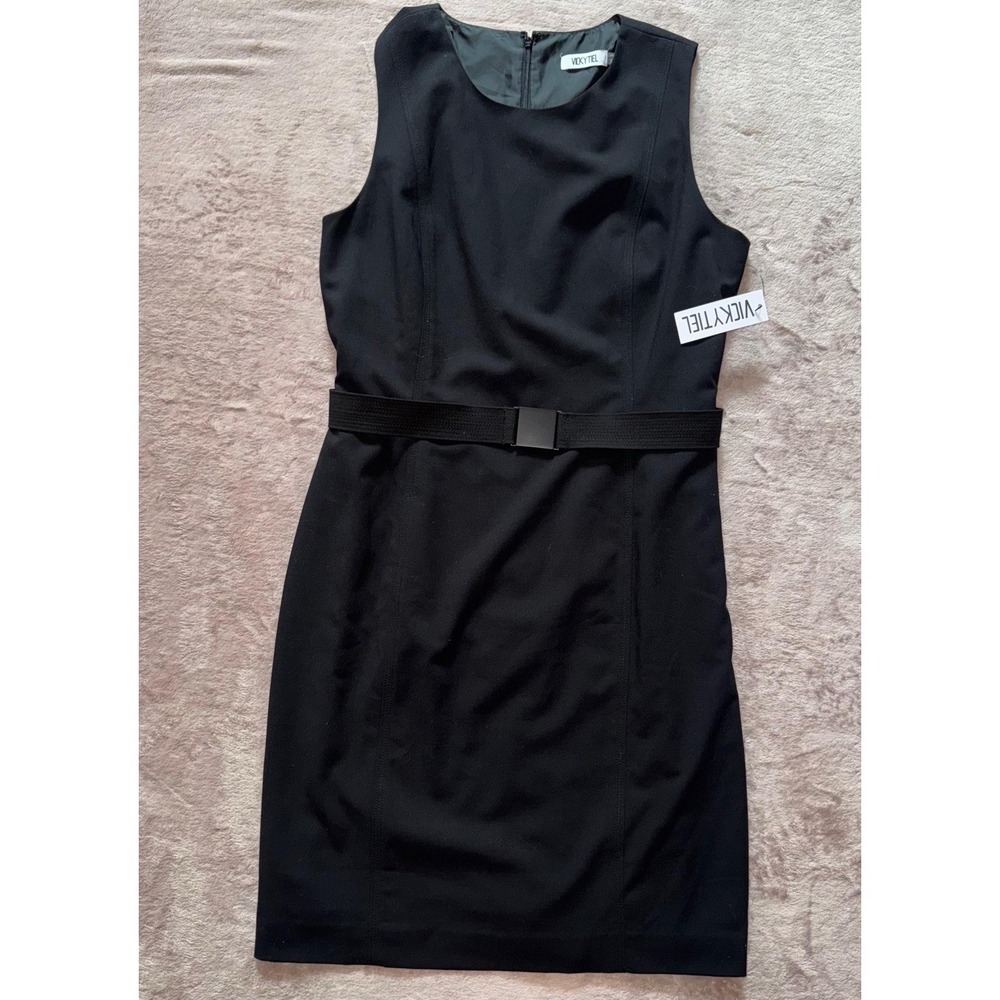 Vicky Tiel Black Belted Slvless Dress Classic Minimalist Office to Cocktail 12‎